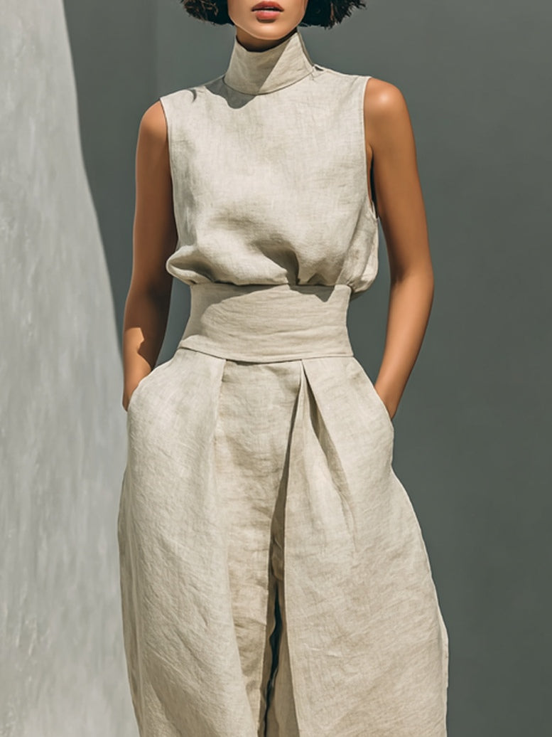 Women's Sleeveless Wide Leg Co Ord Set – Relaxed Beige Matching Outfit