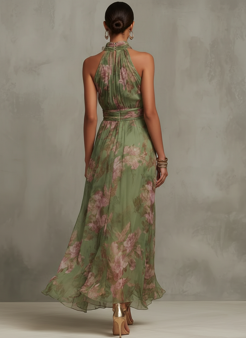 Women's Floral Chiffon Halter Maxi Dress – Elegant Occasion Dress
