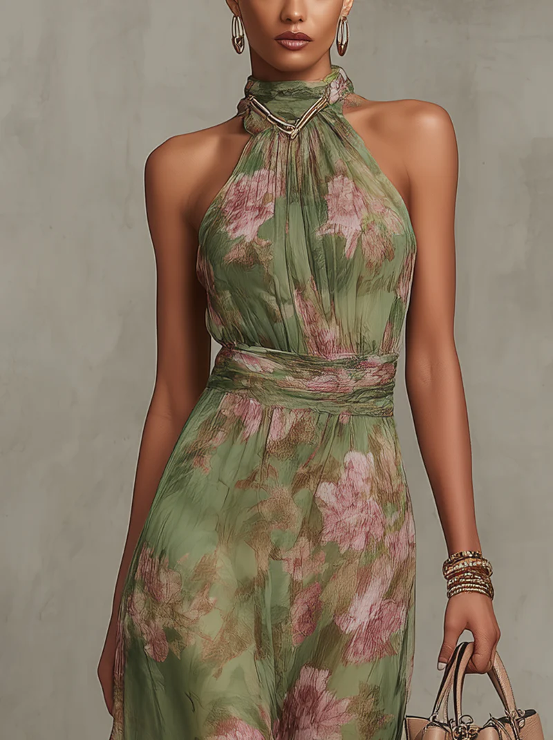 Women's Floral Chiffon Halter Maxi Dress – Elegant Occasion Dress