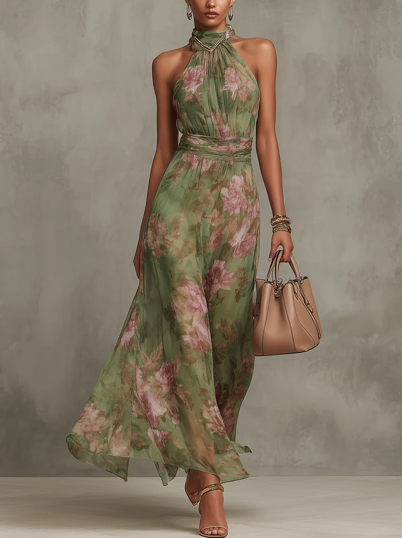 Women's Floral Chiffon Halter Maxi Dress – Elegant Occasion Dress