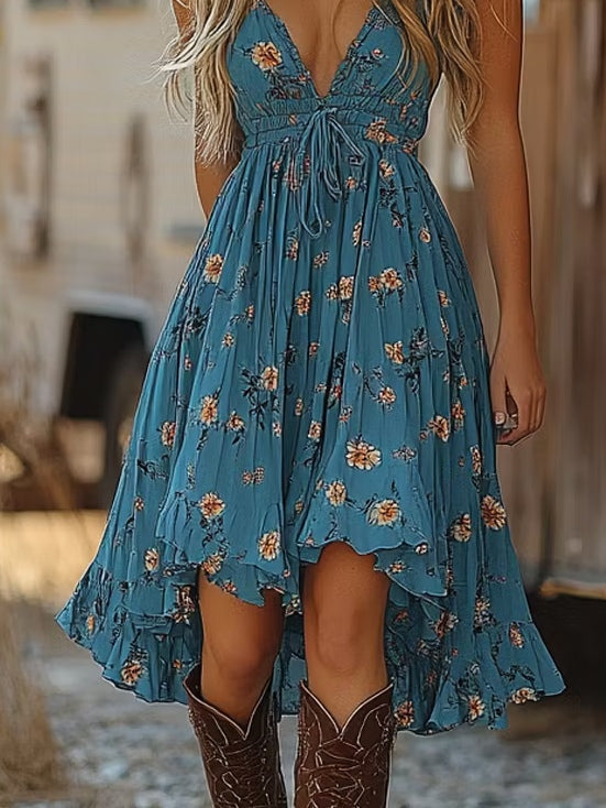 Women's Blue Floral Mini Dress - Ruffled Lightweight Summer Style