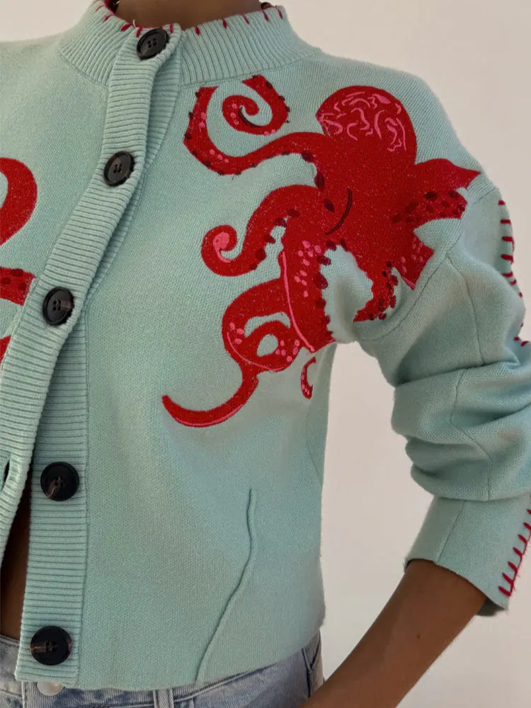 Women’s Octopus Pattern Knit Cardigan – Cozy Whimsical Casual Style