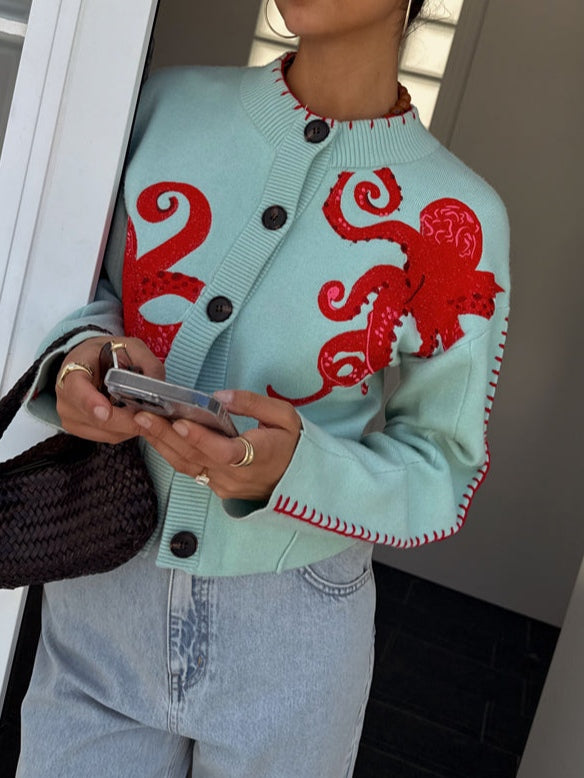 Women’s Octopus Pattern Knit Cardigan – Cozy Whimsical Casual Style