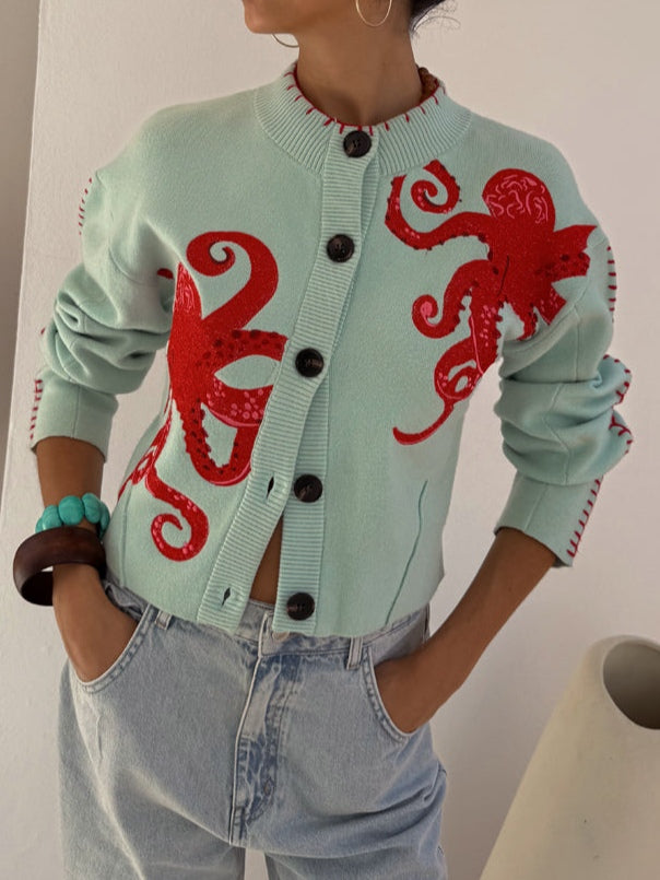 Women’s Octopus Pattern Knit Cardigan – Cozy Whimsical Casual Style