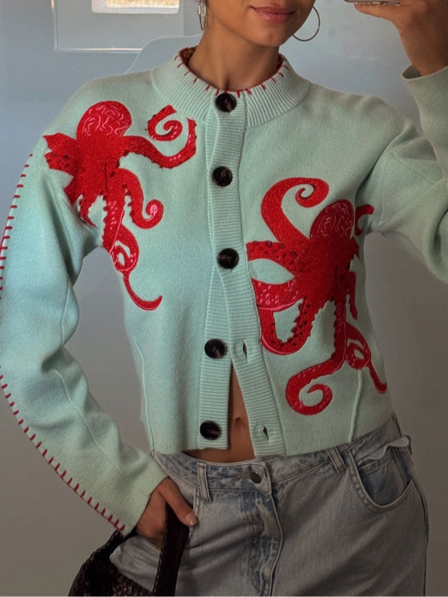 Women’s Octopus Pattern Knit Cardigan – Cozy Whimsical Casual Style