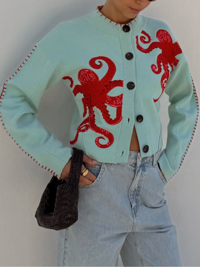 Women’s Octopus Pattern Knit Cardigan – Cozy Whimsical Casual Style
