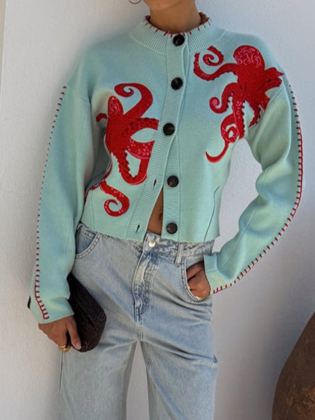 Women’s Octopus Pattern Knit Cardigan – Cozy Whimsical Casual Style