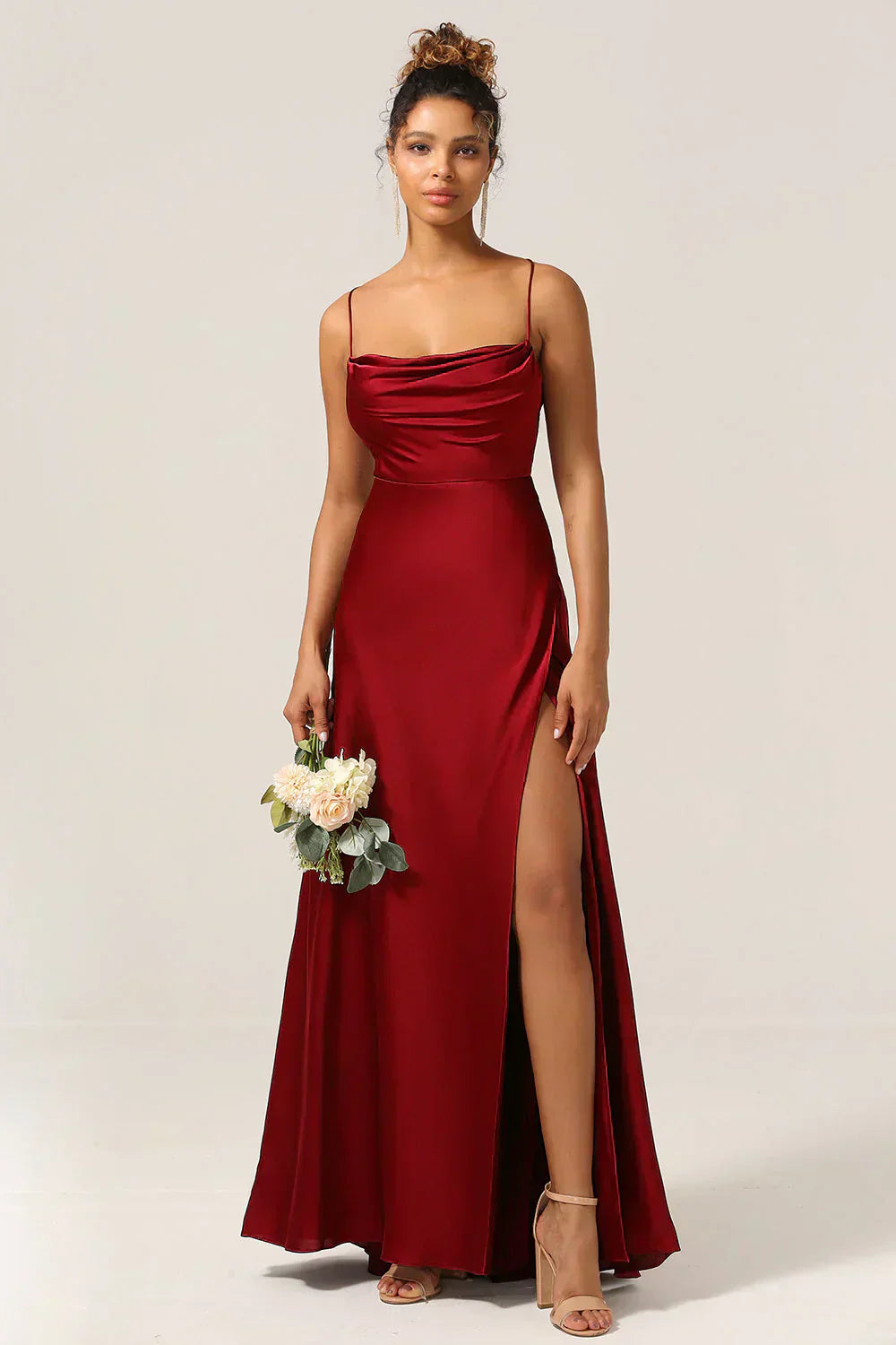 Women's Satin Maxi Evening Dress – High Slit Open Back Formal Dress
