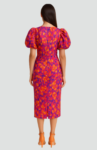 Women's Puff Sleeve Midi Dress – Elegant Feminine Occasion Style