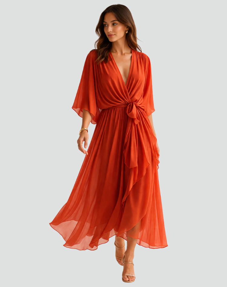 Women's Flowy Midi Gala Dress – Wrap Neck Tie Waist Occasion Style