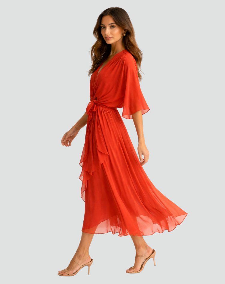 Women's Flowy Midi Gala Dress – Wrap Neck Tie Waist Occasion Style