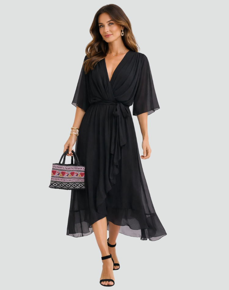 Women's Flowy Midi Gala Dress – Wrap Neck Tie Waist Occasion Style