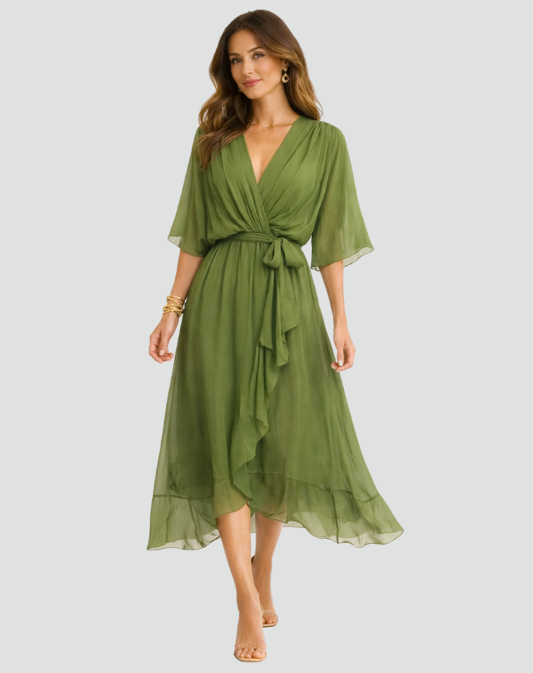 Women's Flowy Midi Gala Dress – Wrap Neck Tie Waist Occasion Style