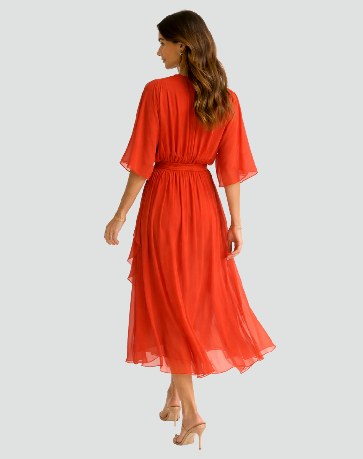 Women's Flowy Midi Gala Dress – Wrap Neck Tie Waist Occasion Style