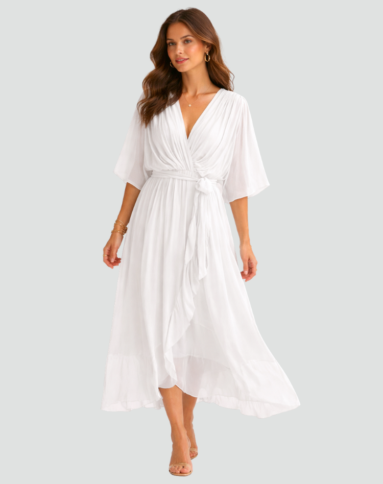 Women's Flowy Midi Gala Dress – Wrap Neck Tie Waist Occasion Style
