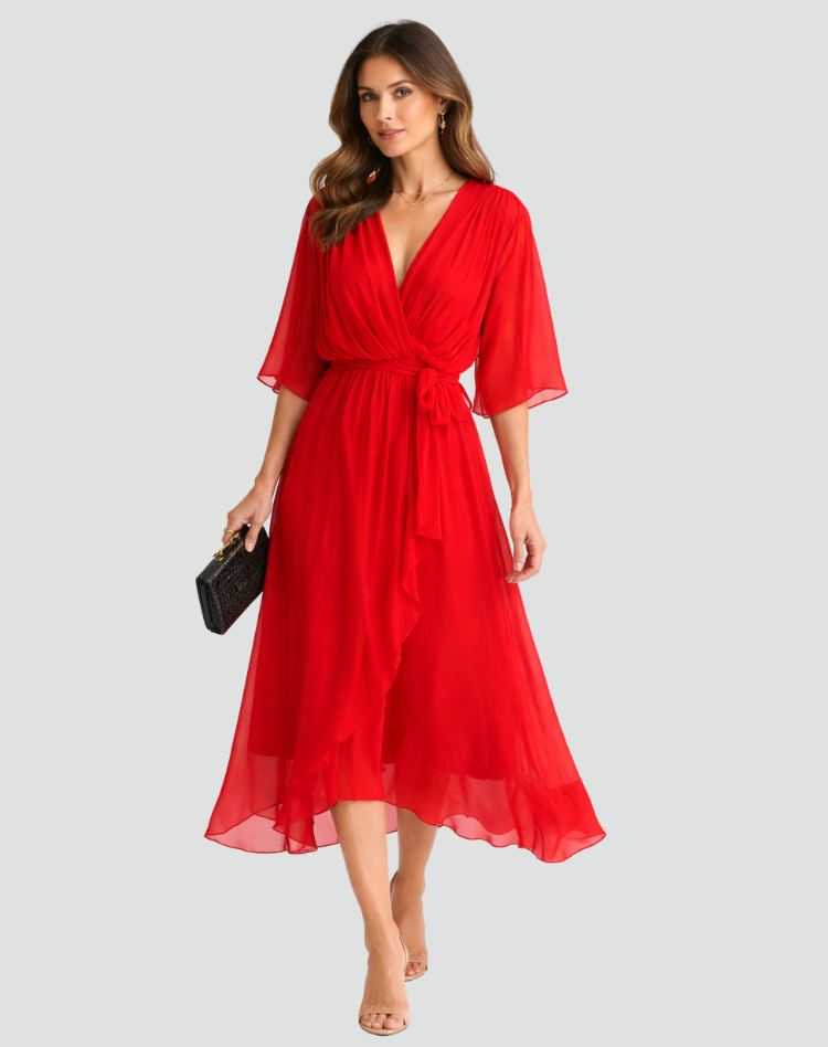 Women's Flowy Midi Gala Dress – Wrap Neck Tie Waist Occasion Style