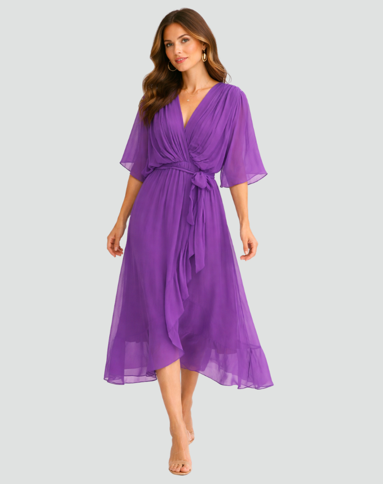 Women's Flowy Midi Gala Dress – Wrap Neck Tie Waist Occasion Style