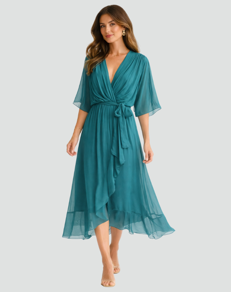 Women's Flowy Midi Gala Dress – Wrap Neck Tie Waist Occasion Style