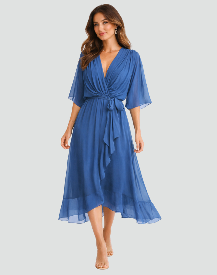Women's Flowy Midi Gala Dress – Wrap Neck Tie Waist Occasion Style