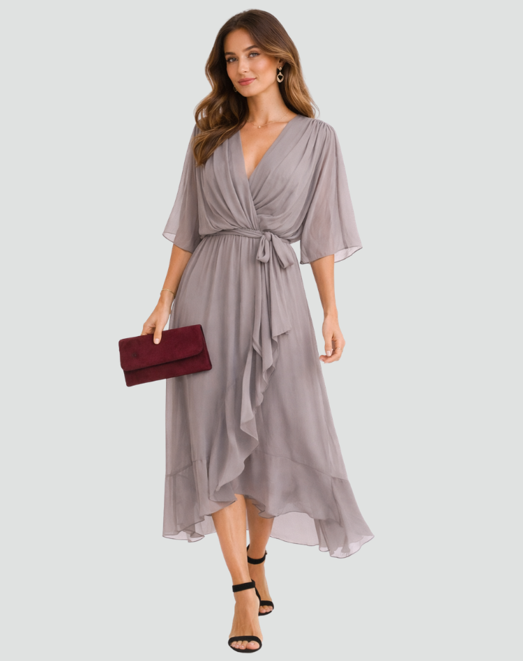 Women's Flowy Midi Gala Dress – Wrap Neck Tie Waist Occasion Style