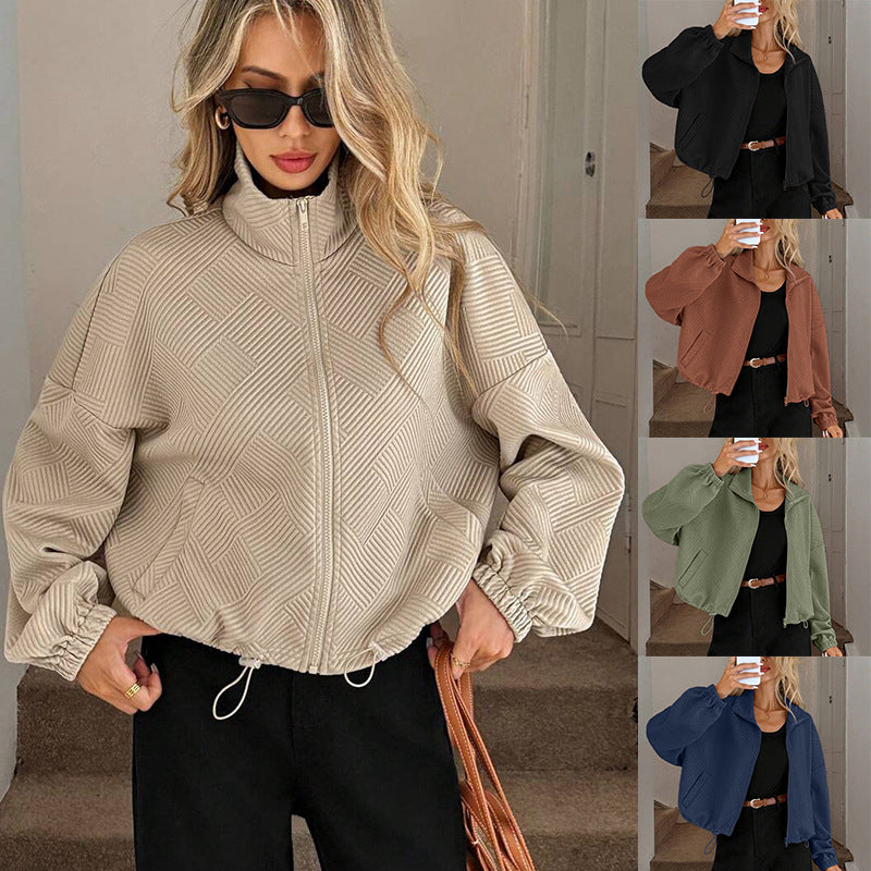 Women’s High-Collar Zipper Jacket – Loose-Fit Drawstring Hem Casual Autumn Winter Style