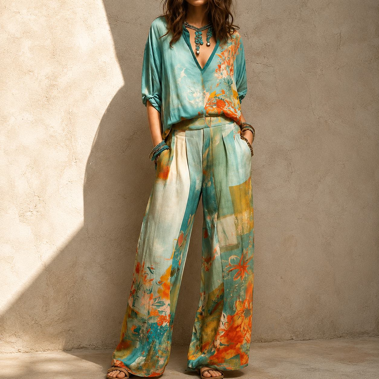 Women's Floral Pant Set - Elegant Flowing Two-Piece Outfit