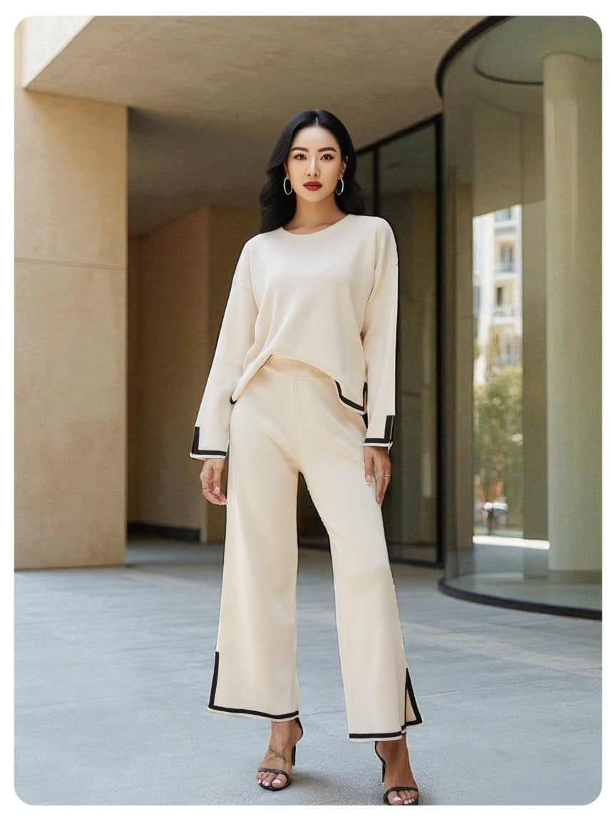 Slit Long-Sleeve Top and Wide-Leg Pants Set - Polished and Comfortable