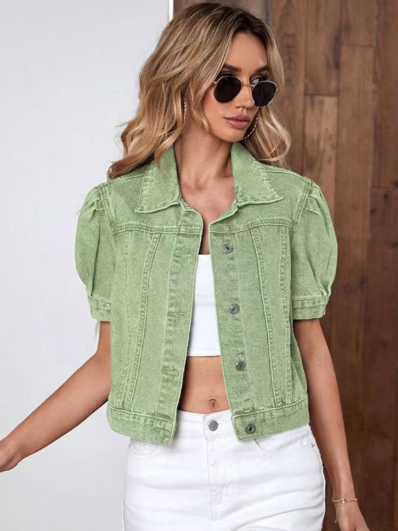 Women's Retro Denim Puff-Sleeve Jacket – Casual Statement Layer