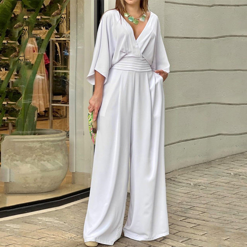 Women’s V-Neck Solid-Color Jumpsuit – Summer Trendy Short-Sleeve Casual Streetwear