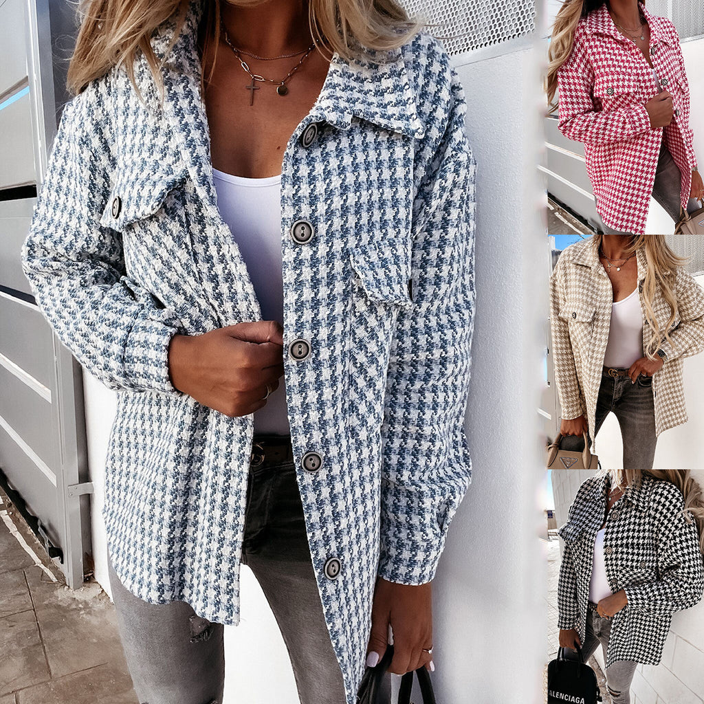 Women's Houndstooth Coat - Soft Plaid Statement Everyday Outerwear