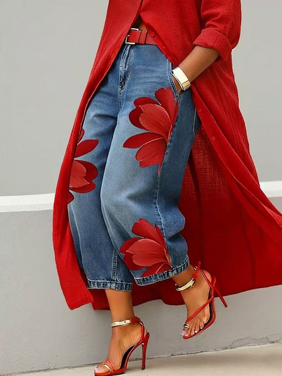 Women's Floral Wide Leg Trousers - Bold Casual Statement Style