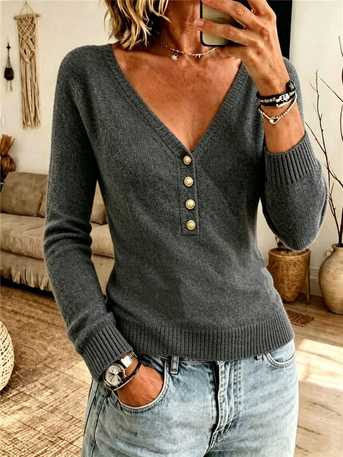 Women's Solid V-Neck Knit Sweater - Simple Soft Everyday Layer