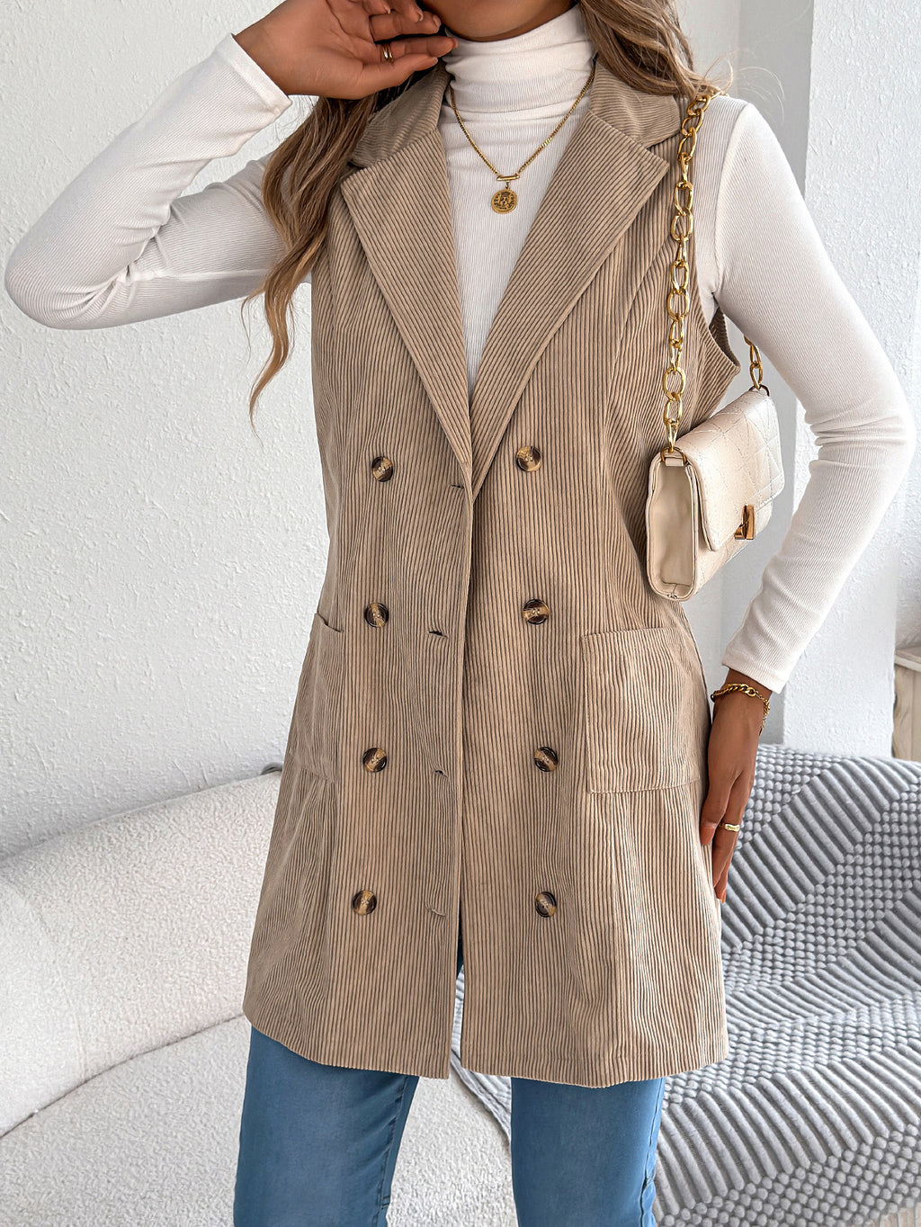 Women’s Solid Color Corduroy Long Vest Jacket – Double-Breasted Pocket Casual Layering Style