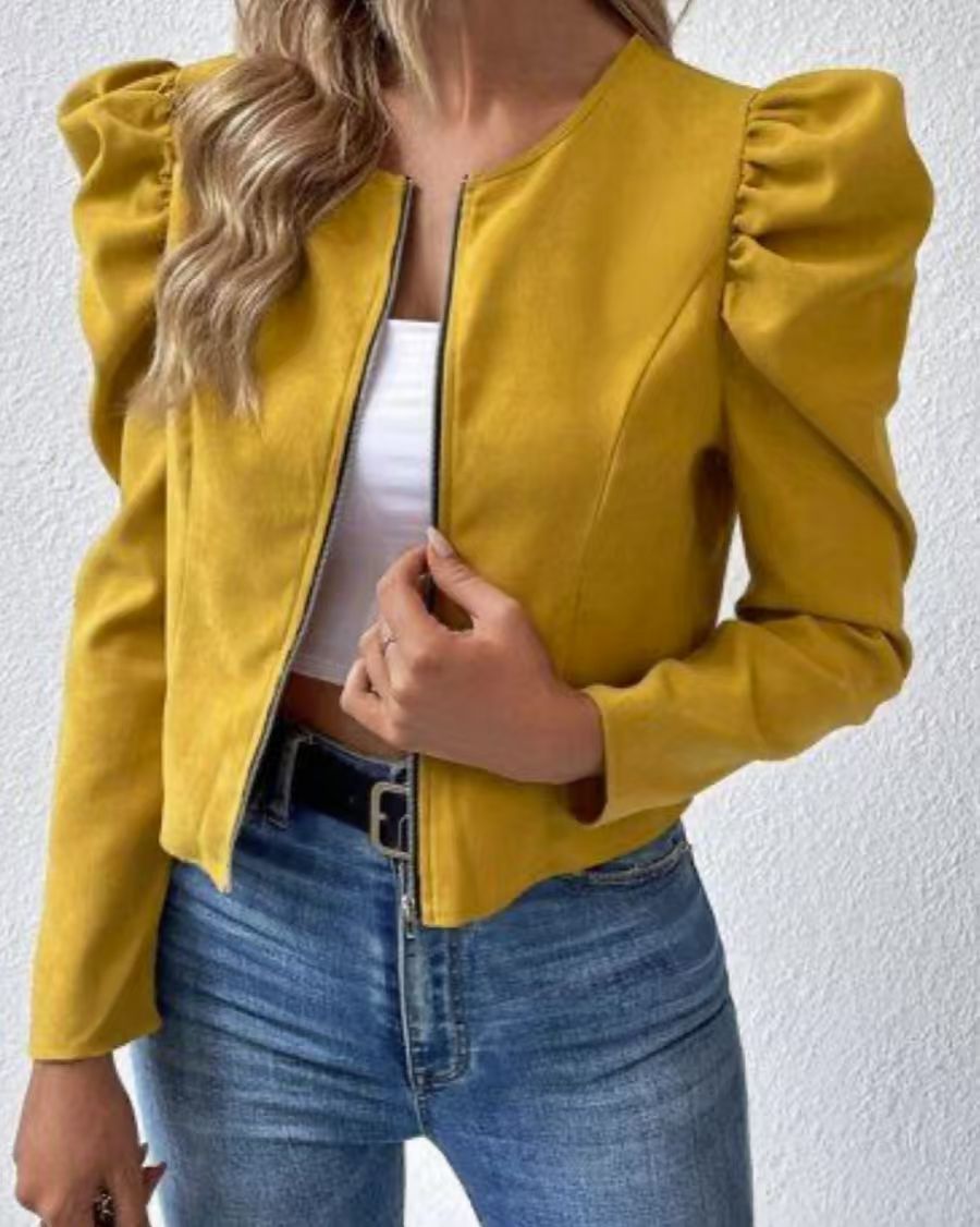Women's Cardigan - Round Neck, Zip Closure and Puff Sleeves