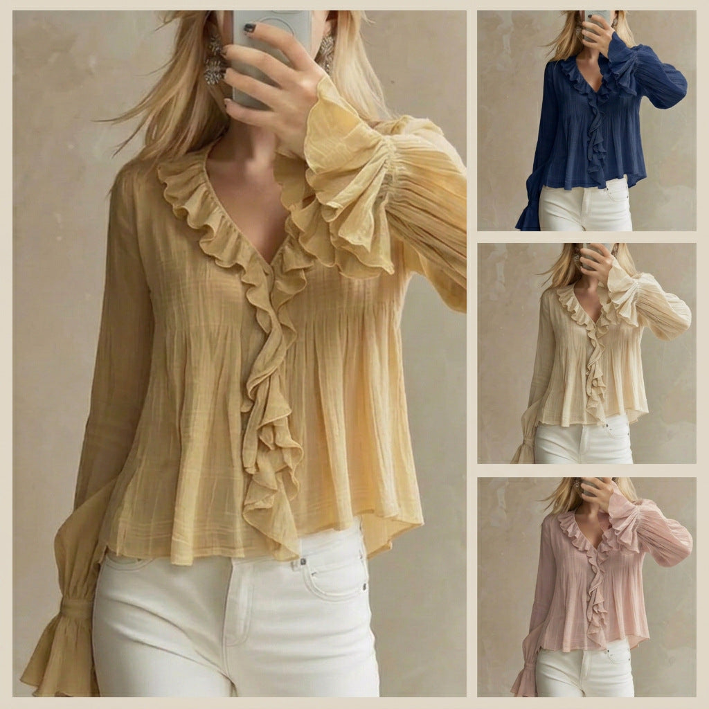 Ruffled Flared-Sleeve Blouse - Sweet and Feminine