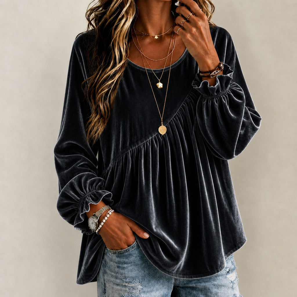 Women’s Velvet Crew Neck Ruffle Top – Relaxed Fit Elegant Style