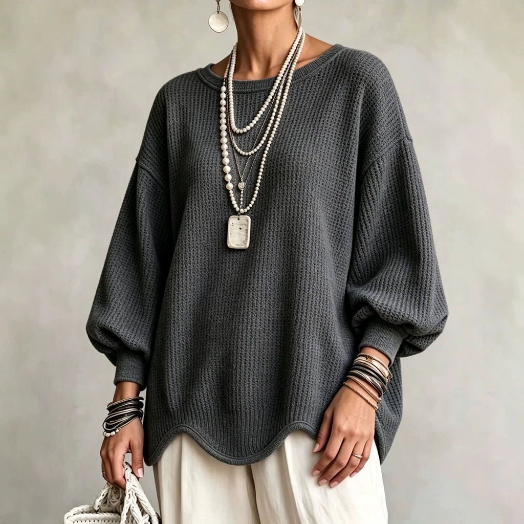 Women's Top - Round Neck, Lantern Sleeves and Wavy Hem