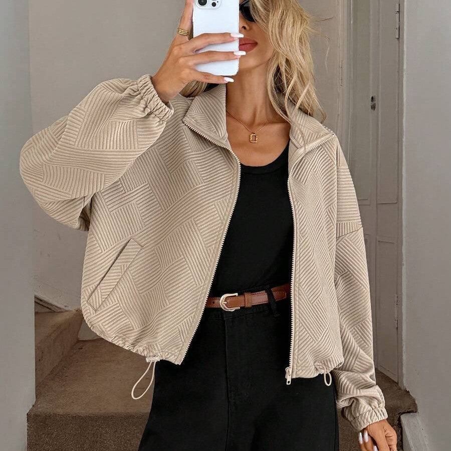 Women’s High-Collar Zipper Jacket – Loose-Fit Drawstring Hem Casual Autumn Winter Style