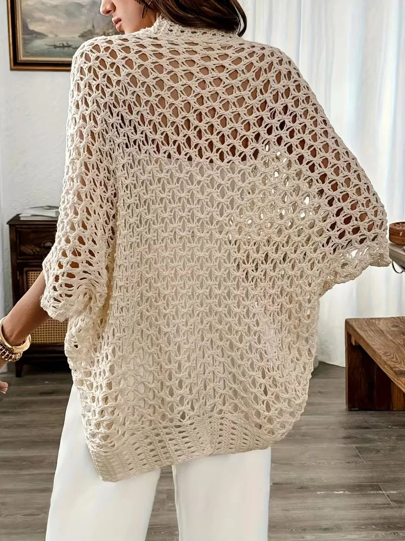Women's Crochet Cardigan - Light Beige Open Knit Layer