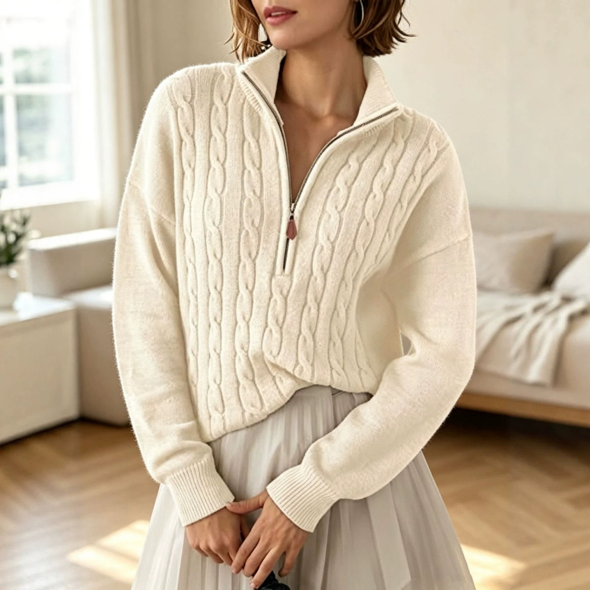 Retro Half-Zip Sweater Top - Loose and Casual