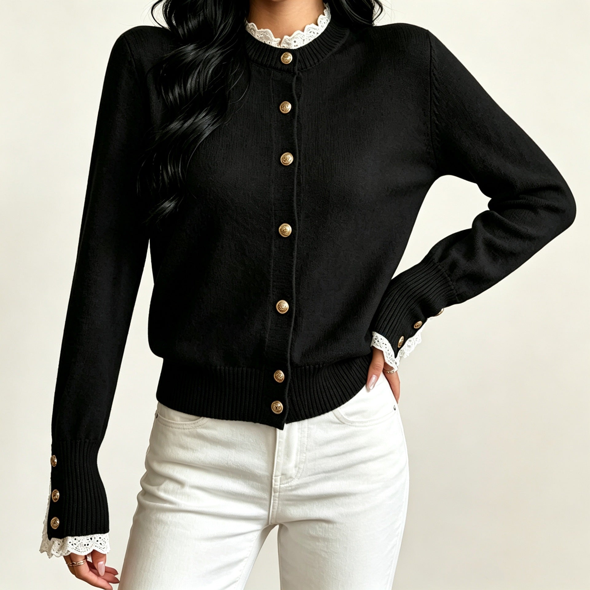 Women's Lace Detail Knit Sweater - Soft Round Neck Everyday Top