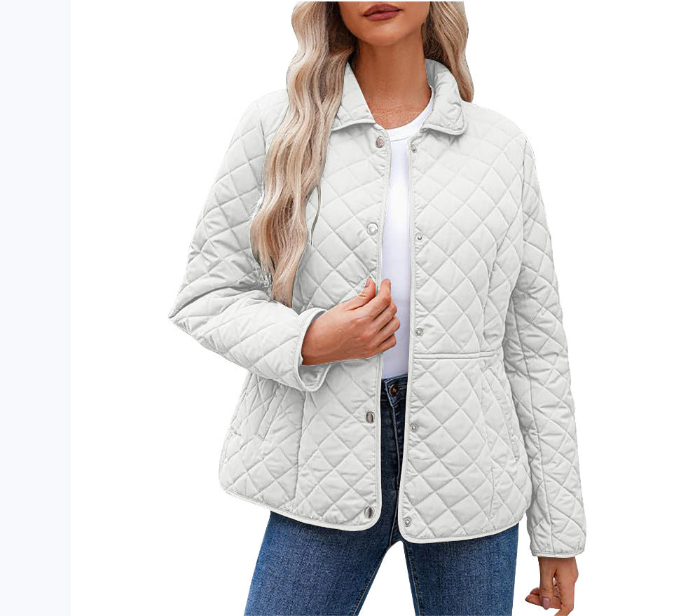 Women’s Solid Color Quilted Jacket – Casual Lapel Warm Outerwear Style