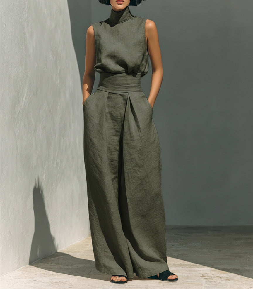 Women’s Sleeveless Two-Piece Set – Stand Collar Top & Straight-Leg Trousers Summer Casual Style