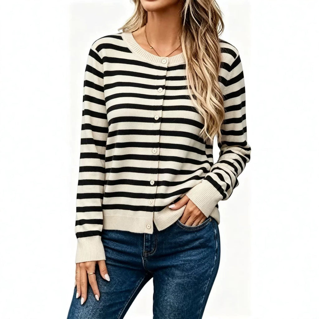 Women’s Long Sleeve Striped Knit Cardigan – Loose-Fit Cozy Casual Style