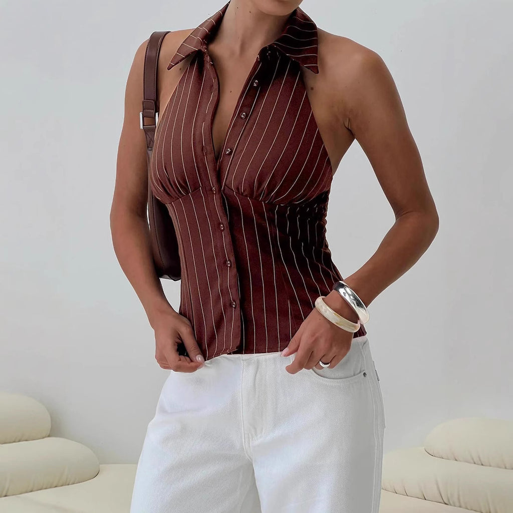Women’s Striped Slim-Fit Sleeveless Shirt – Distressed Casual Summer Style