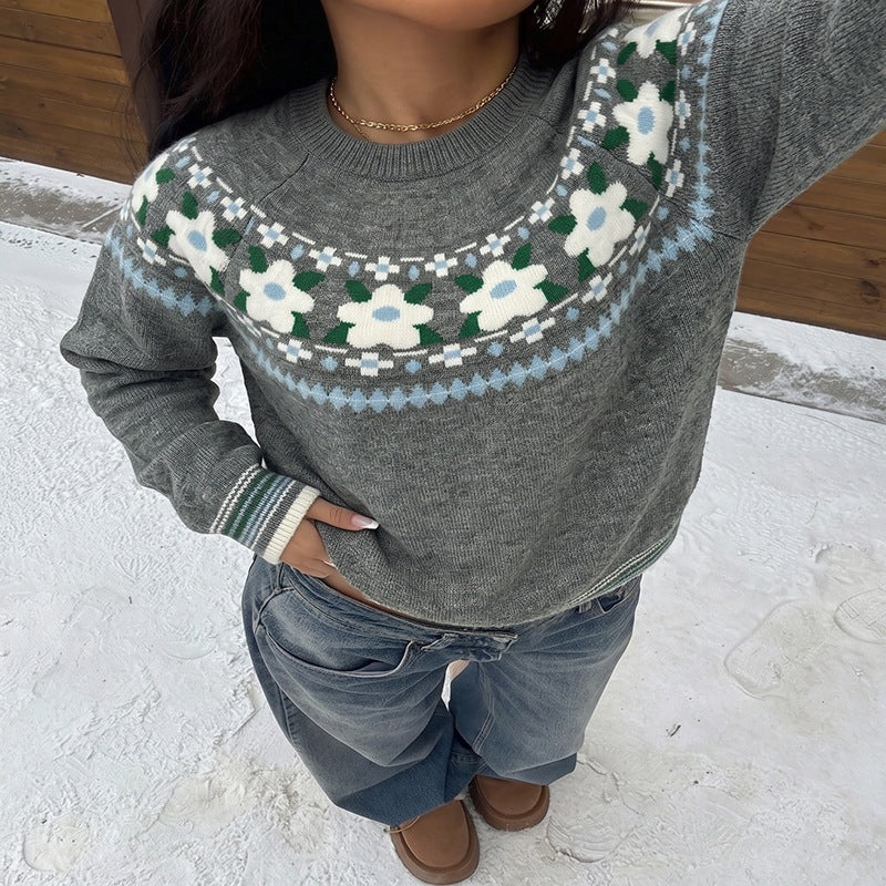 Retro Floral Pullover Sweater - Soft and Feminine