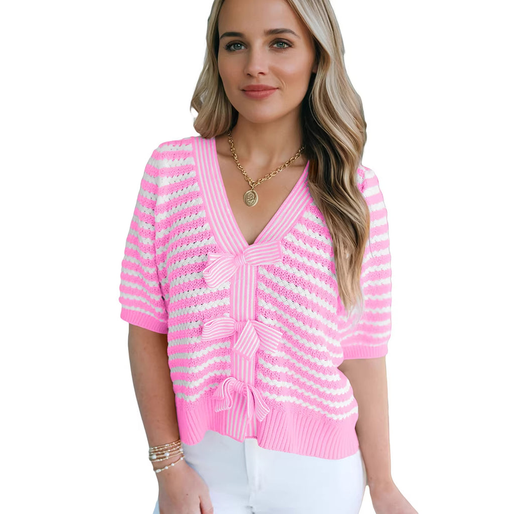 Women's Short Sleeve V Neck Knit Sweater - Soft Bow Detail Everyday Top