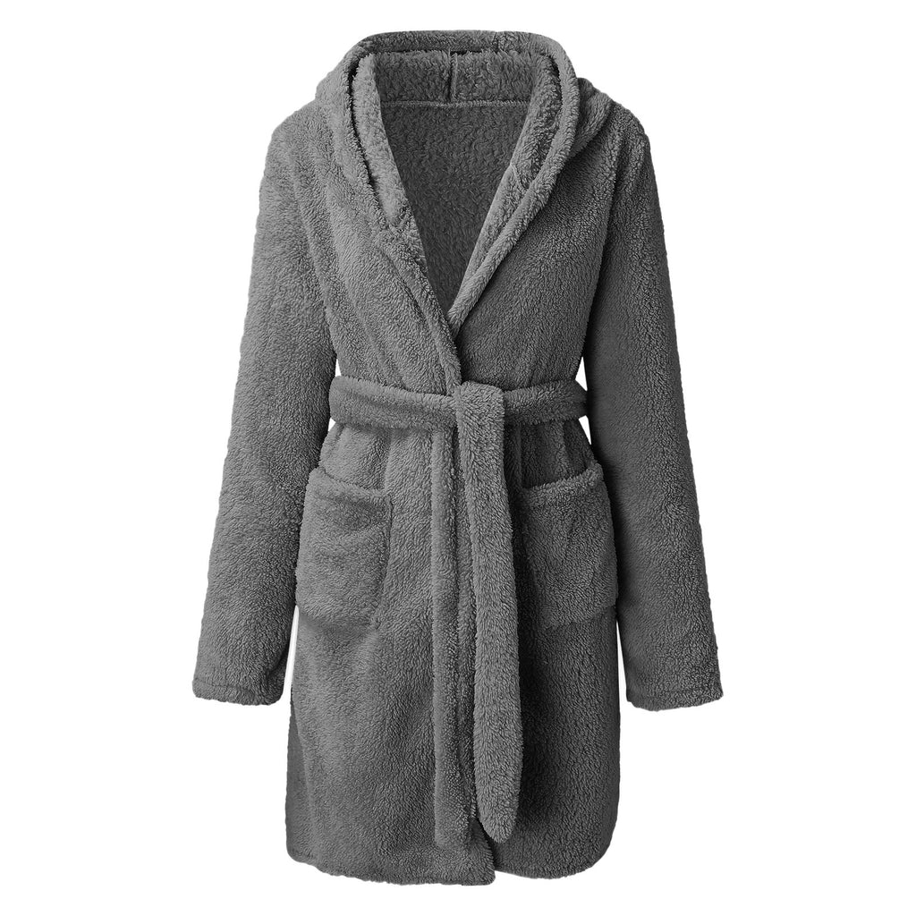 Women’s Short Hooded Bathrobe – Elegant Solid-Color Cozy Home Robe
