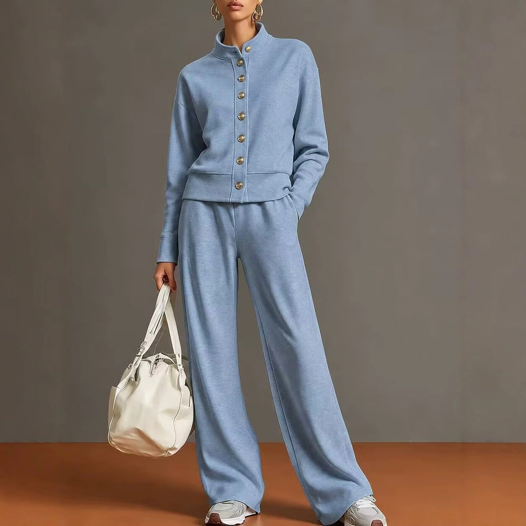 Stand-Collar Cardigan and Wide-Leg Pants Set - Polished and Comfortable