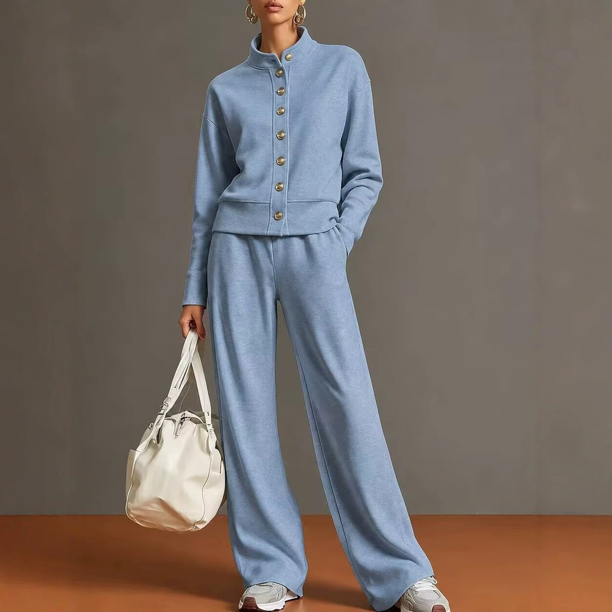 Stand-Collar Cardigan and Wide-Leg Pants Set - Polished and Comfortable